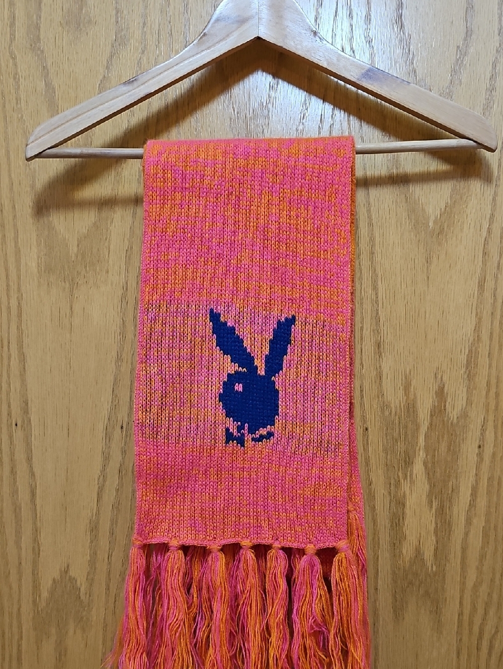 PLAYBOY Neon Pink & Orange Knit Scarf with Navy Bunny Logo